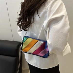 Rainbow metallic crossbody bag with colorful diagonal stripes and silver bead trim details