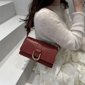 Dark red crocodile pattern square shoulder bag with gold horseshoe buckle on model