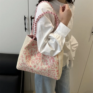 Schicke gewebte Stroh-Tote-Bag mit rosa Leopardenmuster und Lederriemen für den Sommer