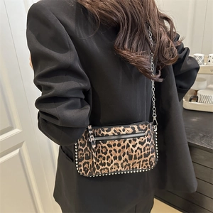 Fashionable leopard print crossbody chain bag with silver studs and metal strap