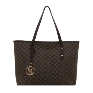 Minimalist brown tote bag featuring M monogram pattern and gold metal letter charm