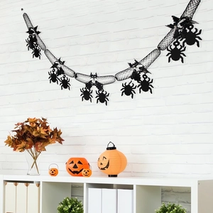 3m Halloween banner with black spider silhouettes on mesh garland for party wall decor
