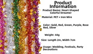 Detail view of 2m x 7cm heart tinsel garland with PET material and iron wire core specifications