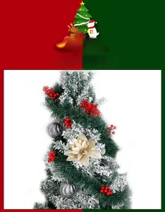 Detail of 2m snowy Christmas garland with red berries, silver balls and gold flower