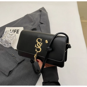 Detail of black square bag featuring a gold S-shaped buckle and stylish tassel ornament