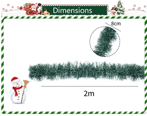 Detail of 2m green Christmas tinsel garland showing 8cm width dimensions and PVC needles