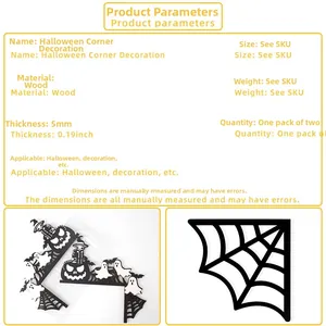 Detail view of 5mm thick wooden Halloween door corner decor with pumpkin and spider web