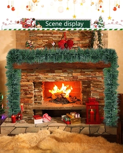 Close-up of deep green artificial pine garland hung as Christmas mantel decoration