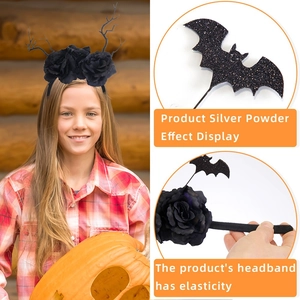 Serre-tête Halloween avec roses noires, chauve-souris pailletée et branches flétries