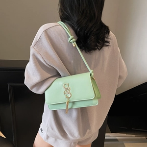 Mint green minimalist crossbody bag with gold S-buckle and tassel on a stylish model