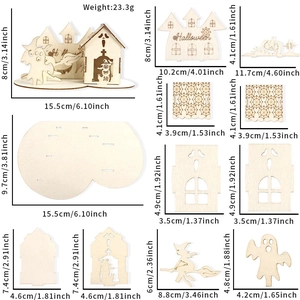 Detailed size chart for DIY Halloween wooden puzzle with ghosts and pumpkins