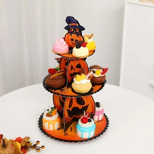Halloween 3-tier pumpkin cupcake stand with black cat topper for party table decoration
