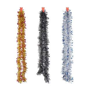 Set of 2-meter Christmas tinsel garlands with stars in gold, black, and silver colors