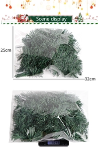 Detailed view of 2m green Christmas garland packaging showing size 25x32cm and 104g weight