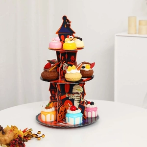 3-tier Halloween cardboard cupcake stand with pumpkin and castle designs for party decor