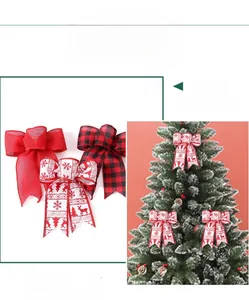 Detail showing buffalo plaid and burlap Christmas bows on a decorative tree branch