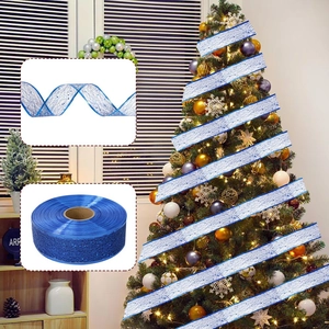 Blue Christmas mesh ribbon with glitter dots for festive holiday tree decoration