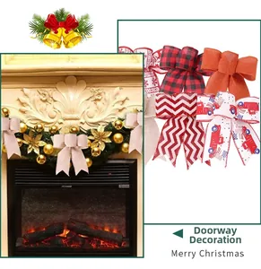 Detailed view of plaid and burlap Christmas bows used for festive mantel decorations