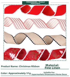 Detailed stack of Christmas linen ribbons with reindeer and snowflake prints for holiday DIY