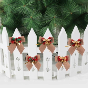 Set of 5 Christmas plaid bows with bells and green leaves for tree and wreath decor