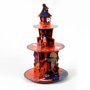Three-tier Halloween cupcake stand featuring festive pumpkin, ghost and castle patterns