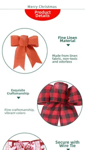 Detail of Christmas plaid bows with linen texture and reindeer patterns for DIY decor
