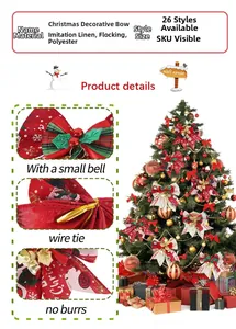 Macro detail of Christmas bow with small bell and festive holiday tree decoration