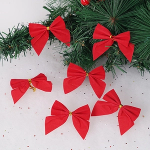 Set of 6 red flocked Christmas bows with gold ties for tree and holiday decoration