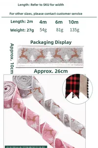 Size chart showing 2m-10m lengths of Christmas reindeer faux linen wired edge ribbons