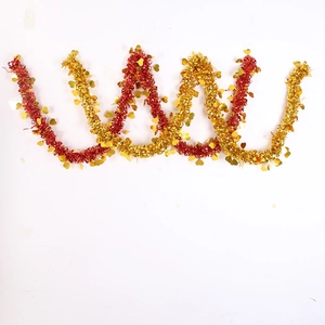 Close-up of 2m red and gold tinsel garland with heart sequins for Christmas decoration