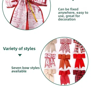 Detail view of seven assorted Christmas plaid and linen bows with reindeer and snowflake patterns