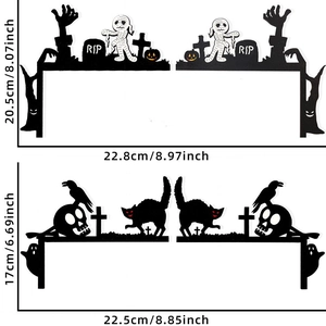 Halloween door corner wood silhouette featuring ghosts, pumpkins, and RIP tombstones