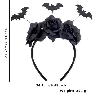 Dimensions détaillées du serre-tête d'Halloween avec roses noires, chauves-souris et poids