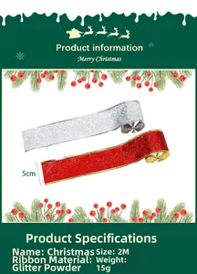 Detailed view of 5cm wide glittery Christmas ribbon with dimensions for DIY decoration