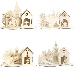 DIY Halloween wooden castle and ghost desktop ornaments set for holiday home decoration