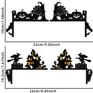 Detail view of Halloween door corner silhouettes with haunted house and witch designs