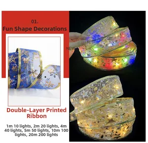 Detail of blue and champagne double-layer LED Christmas ribbon with gold snowflake print