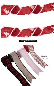 Close-up of 6.3cm Christmas ribbons with reindeer prints and red plaid fabric textures