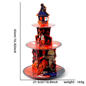 Detailed view of 3-tier Halloween cardboard cupcake stand with size dimensions shown