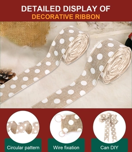 Détail du ruban en toile de jute à pois blancs avec bords filaires pour nœuds de Noël