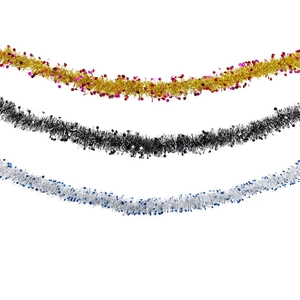 Three-color tinsel garland with shiny stars for Christmas and party decoration