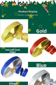 Detail of glitter Christmas ribbons in gold, red, blue and silver for tree decoration