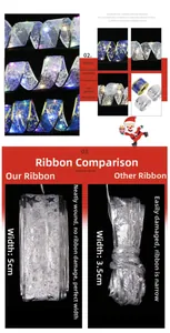 Detail of 5cm wide LED Christmas ribbon with gold edges and festive snowflake prints