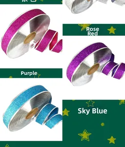 Detail of glitter ribbons in rose red, purple and sky blue for Christmas gift wrapping