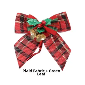 Plaid Christmas bow detail with imitation linen fabric, green leaves and gold bells