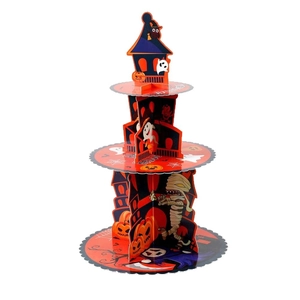 Three-tier Halloween cupcake stand with pumpkin and ghost designs for party decor