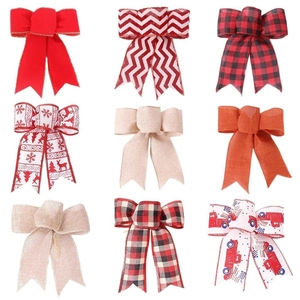 Christmas Decorative Bow Hanging Ornament Xmas Tree Burlap Plaid Striped Bowknot DIY Accessories Holiday Party Home Decor