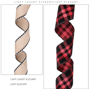 Detail of Christmas ribbons featuring faux linen textures and classic red black plaid patterns
