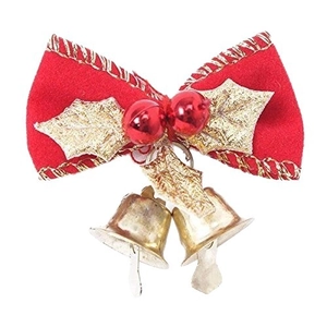 Red velvet Christmas bow ornament with golden leaves and bells for tree decoration