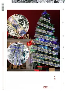 Detail of blue sheer ribbon with golden snowflakes and warm white built-in LED lights